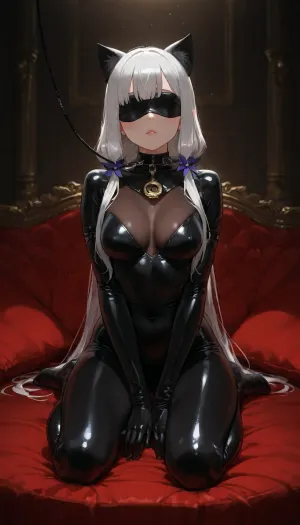 4k, highly detailed, petite girl, petite body, solo, Emilia from Rezero, cat girl in a glossy black latex catsuit, kneeling on a velvet cushion, wearing a posture collar with a leash attached to a wall hook, cat ear mask, blindfold, submissive pose, luxurious boudoir setting, soft moody lighting, elegant, artistic, 8k, sharp focus
