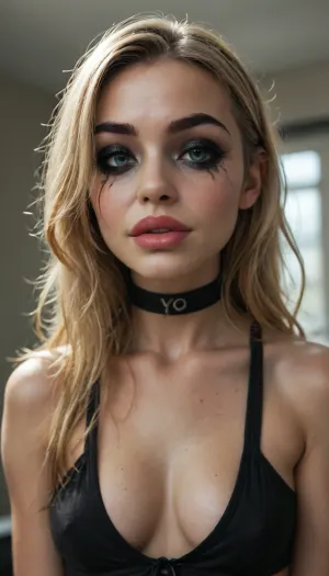 (((young))), (18 yo:1.3), (eyes wide open, big lips), (horny face:1.5), (blushing), blonde bangs hairstyle, (spit on her face), (portrait view:1.5), slutty clothes, slim hourglass body, (side view), (big perky tits), attractive body, black choker, (black makeup:2), (blue eyes), (into the office), (big perky boobs:1.5), (plunging neckline), ((black hanging crop top)), skinny, perfect skin, beautiful face, ultra high details, hdr, natural tits, close up full body view, standing, toned body, vivid colors, Stable-Yogis-Makeup-Enhancer-XL, detailxl, detailed eyes, movie, still, film, cinematic, shot, lighting, macro, 35mm, <lora:DetailedEyes_V3:2>, <lora:AdvancedEnhancerXLv2:2>, <lora:style_lora_realis:2>