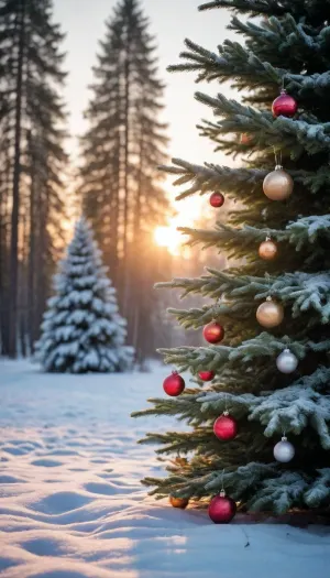 A cold winter evening. Sunset Sun. Clear cloud-free sky. Winter forest glade. Trees covered with frost. In the middle of the meadow there is a decorated Christmas tree with balls and gerlands.