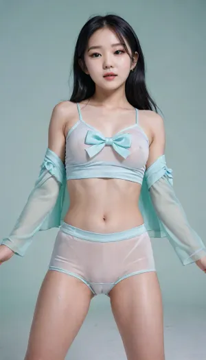 Professional full-body photograph of a cute, petite, youthful Korean K-pop star with long black hair, captured in a dynamic dance pose. She is wearing a modern, stylish stage outfit consisting of mint-green high-waisted tailored fabric shorts and a soft baby-blue cropped bolero-style top over a white silken camisole. The outfit features cute details like small blue bows and sheer organza layers, creating a fresh and sweet aesthetic. Specifically featuring a black strap around her left thigh. She has a sweet, slightly shy and hesitant smile. The setting is a bright, modern stage with soft sea-foam green and sky-blue lighting. High-fashion K-pop idol aesthetic, sharp focus, cinematic atmosphere, braless, Wearing, clothes, that, make, sense, with, Braless>, <lora:bralessSDXL_v1_00022:.8>, cameltoe, <lora:cameltoe XL:.8>