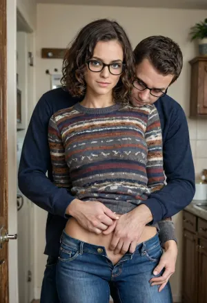((marle, 32 years perfect milf, tiny tits, bob cut curly brown hair, fringe hair, rectangular glasses with black rim, perfect hips. She has a friendly expression. She is wearing a colorfull patterned sweater and a dark-wash blue jeans, she standing against the wall in a cottage kitchen)), (man groping crotch), ((very large boobs)), cleavage, ((man is violently groping her pussy+finger in pussy)), (finger penetrating pussy), ((extremely sad facial expression)), ((panicking)), (looking at man with fear+annoyance), perfect hands, perfect fingers, perfect anatomy, realistic skin, skin pores freckles moles blemishes wrinkles, skirtlift, <lora:skirtlift_xl:.8>