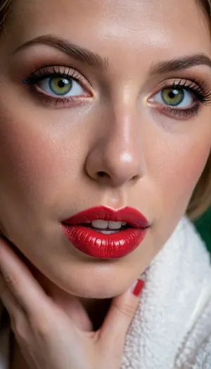 Shy woman next door that is secretly thick as hell with perfect huge tits. Long light brown hair with golden highlights. freckels, with a open white bathrobe, exposing her naked body, naked tits, very big greek nose, big jaw, forward chin, very close portrait of face, knowing smile, bright green eyes, smokey eyes makeup, red painted heart shaped lips, her nose is long, massive eye makeup, protruding chin, kissmouth, her lips are a kiss