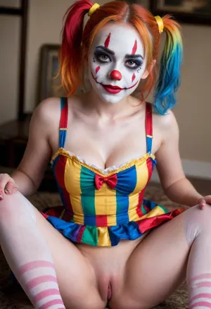 young beautiful girl 18 years old clown girl with big breasts, wearing a pulled-up dress without any underwear, laying on her back with spread legs, no panties, long striped socks, clown makeup, skinny, white face paint, detailed vagina, looking at the viewer, back long high twin multi-colored ponytails, excited, aroused, tack sharp, 4k, dslr