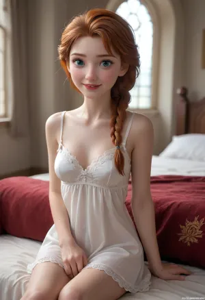 score_9, score_8_up, score_7_up, (Anna of Arendelle with her auburn hair), (18 years old:1.5), (Disney), (Frozen movie), excited smiling face, very pale skin, medium breasts, (wearing a sexy white negligee), (auburn, hair:1.2), braided hair, castle, bedroom, sitting on her bed, Nordic style