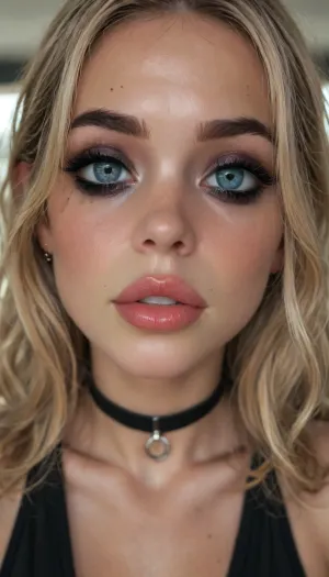 (((young))), (big eyes, big lips), blonde bangs hairstyle, slutty clothes, slim hourglass body, (big perky tits), horny face, attractive body, black choker, (black makeup:2), (blue eyes), (into the office), (face close up:1.4), (plunging neckline), (black crop top), skinny, perfect skin, beautiful face, ultra high details, hdr, natural tits, close up full body view, standing, toned body, vivid colors, Stable-Yogis-Makeup-Enhancer-XL, detailxl, detailed eyes, movie, still, film, cinematic, shot, lighting, macro, 35mm, <lora:DetailedEyes_V3:2>, <lora:AdvancedEnhancerXLv2:2>, <lora:style_lora_realis:2>