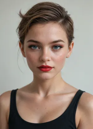 Shelby, a sexy 20-year-old woman with short blonde pixie-cut hair slightly messy and tousled in a classic 80s hard rock style, fair skin with light freckles, sharp attractive facial features, high cheekbones, full lips with bold bright red lipstick, extravagant bold makeup, thick black winged eyeliner, long dramatic false eyelashes, heavy smoky eyeshadow in dark shades, perfectly arched eyebrows, confident and teasing expression with a knowing smirk, rebellious classic hard rock fan vibe, photorealistic face details, consistent character