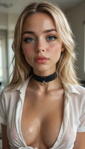 (((young))), (18 yo:1.3), (eyes wide open, big lips), (horny face:1.3), (big long eyelashes:1.3), (blushing:1.7), blonde bangs hairstyle, (portrait view:1.5), slutty clothes, slim hourglass body, (side view), (big perky tits), horny face, attractive body, black choker, (black makeup:1), (blue eyes), (into the office), (big perky boobs:1.5), (view from above:1.3), (oiled skin:2), (wet skin:1.3), (erected nipples:.7), (plunging neckline), ((white tied crop work shirt:1.3)), skinny, perfect skin, beautiful face, ultra high details, hdr, natural tits, close up full body view, standing, toned body, vivid colors, Stable-Yogis-Makeup-Enhancer-XL, detailxl, detailed eyes, movie, still, film, cinematic, shot, lighting, macro, 35mm, <lora:DetailedEyes_V3:2>, <lora:AdvancedEnhancerXLv2:2>, <lora:style_lora_realis:2>