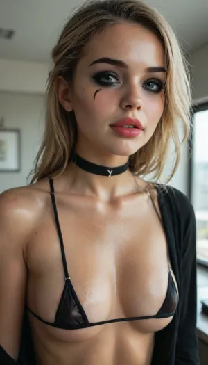 (((young))), (18 yo:1.3), (eyes wide open, big lips), (horny face:1.3), (blushing:1.4), blonde bangs hairstyle, (portrait view:1.5), slutty clothes, slim hourglass body, (side view), (big perky tits), horny face, attractive body, black choker, (black makeup:2), (blue eyes), (into the office), (big perky boobs:1.5), (view from above:1.3), (oiled skin:1.7), (erected nipples:.7), (plunging neckline), ((black latex bra)), (hanging micro bra:1.5), skinny, perfect skin, beautiful face, ultra high details, hdr, natural tits, close up full body view, standing, toned body, vivid colors, Stable-Yogis-Makeup-Enhancer-XL, detailxl, detailed eyes, movie, still, film, cinematic, shot, lighting, macro, 35mm, <lora:DetailedEyes_V3:2>, <lora:AdvancedEnhancerXLv2:2>, <lora:style_lora_realis:2>