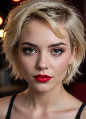 Shelby, a sexy 20-year-old woman with short blonde pixie-cut hair slightly messy and tousled in a classic 80s hard rock style, fair skin with light freckles, sharp attractive facial features, high cheekbones, full lips with bold bright red lipstick, extravagant bold makeup, thick black winged eyeliner, long dramatic false eyelashes, heavy smoky eyeshadow in dark shades, perfectly arched eyebrows, confident and teasing expression with a knowing smirk, rebellious classic hard rock fan vibe, photorealistic face details, consistent character