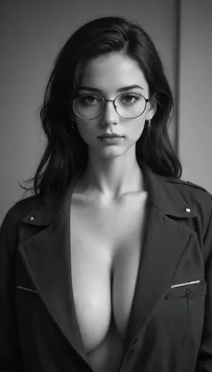 best quality, anime, wearing a jacket, gigantic breast, glasses, focus on face, room, manga, (lineart), (monochrome), black and white, (colorless), Lineart, LineAniAF, <lora:LineAniRedmondV2-Lineart-LineAniAF:1>