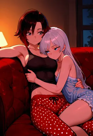 Ruby Rose, (RWBY), and Weiss Schnee, cuddling with each other on the couch in their pajamas., (Weiss Schnee is a tall, skinny woman with long, white hair, blue eyes, wearing a blue transparent nightgown.), (Ruby Rose is a short, petite woman with short black hair, grey eyes. Ruby is wearing a black tank top and long pink polka-dot pajama pants.), Dark, dim living room, cozy couch.

2 girls, assigned clothes, cuddling, hugging, soft, warm, 4k detail, clear, crisp.