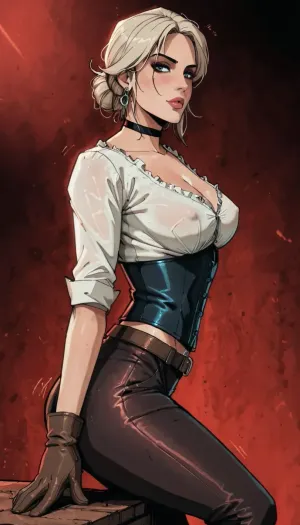 Score_9, score_8_up, score_7_up, (reiq meets markgavatino artstyle), Score 9, score 8, score 7, (Rake meets Markgavatino artstyle), a young Ciri from "The Witcher 3" in full height, from the back, in an unbuttoned white blouse and a short light brown leather corset over the blouse, a black leather choker, black leather garters, brown leather gloves Ciri is wearing, leather belt, tight brown leather leggings, tight brown pants, mustard ankle boots, Renaissance-style outfit, blonde hair, (silicone breasts), thick lips, makeup, looks at the viewer, seductive, alluring, doggystyle pose, (standing), perfect skin, incredibly beautiful face, perfect body, doggystyle, thin waist, full lips, perfect, toned ass blonde hair, 8k, 4k, photorealistic, high detail, high resolution, perfect legs, beautiful elongated face, red background, <lora:cutedoodle_XL-000012:.1>, <lora:ratatatat74-000050:.5>, <lora:NEOTOKIOXL_0.2_RC:.5>, <lora:outline_xl_kohaku_delta_spv5x:.7>, revsitting, revstanding, <lora:revsex_SDXL_1_:.8>