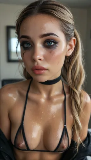 (((young))), (18 yo:1.3), (eyes wide open, big lips), (shy face:1.3), (big long eyelashes), (blushing:1.4), blonde pigtails, (portrait view:1.5), slutty clothes, slim hourglass body, (side view), (big perky tits), horny face, attractive body, black choker, (black makeup:1.8), (blue eyes), (into the office), (big perky boobs:1.5), (view from above:1.3), (oiled skin:2.4), (wet skin:1.3), (erected nipples:.7), (plunging neckline), ((black silk bra)), (hanging micro bra:1.5), skinny, perfect skin, beautiful face, ultra high details, hdr, natural tits, close up full body view, standing, toned body, vivid colors, Stable-Yogis-Makeup-Enhancer-XL, detailxl, detailed eyes, movie, still, film, cinematic, shot, lighting, macro, 35mm, <lora:DetailedEyes_V3:2>, <lora:AdvancedEnhancerXLv2:2>, <lora:style_lora_realis:2>
