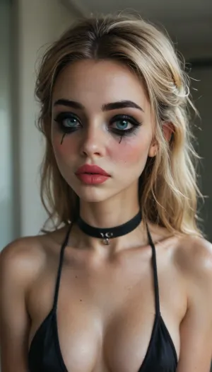 (((young))), (18 yo:1.3), (eyes wide open, big lips), (shy face:1.5), (blushing:1.5), blonde bangs hairstyle, (spit on her face), (portrait view:1.5), slutty clothes, slim hourglass body, (side view), (big perky tits), attractive body, black choker, (black makeup:2), (erected nipples:.8), (blue eyes), (into the office), (big perky boobs:1.5), (plunging neckline), ((black hanging crop micro bra)), skinny, perfect skin, beautiful face, ultra high details, hdr, natural tits, close up full body view, standing, toned body, vivid colors, Stable-Yogis-Makeup-Enhancer-XL, detailxl, detailed eyes, movie, still, film, cinematic, shot, lighting, macro, 35mm, <lora:DetailedEyes_V3:2>, <lora:AdvancedEnhancerXLv2:2>, <lora:style_lora_realis:2>