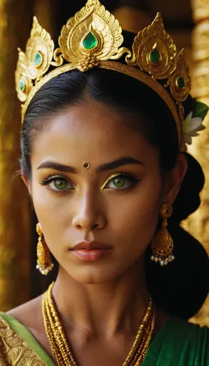 Balinese dancer in the golden temple, raw, green, eyes, perfecteyes, lighting, dark, theme, epiCNegative, Ohwx, beautypinupart, 1girl, <lora:Her_Eyes:1.2>, <lora:Tyla_pouty lips-000003:.6>, <lora:PinupManiaXL_V1.0:.8>