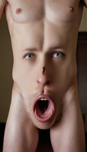 Nose and eyes on his face above his mouth. Full face. Missing facial features. Eyes and nose. Eyes. Nose. Eyebrows