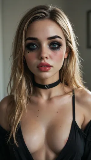 (((young))), (18 yo:1.3), (eyes wide open, big lips), (shy face:1.5), (blushing:1.5), blonde bangs hairstyle, (spit on her face), (portrait view:1.5), slutty clothes, slim hourglass body, (side view), (big perky tits), attractive body, black choker, (black makeup:2), (blue eyes), (into the office), (big perky boobs:1.5), (plunging neckline), ((black hanging crop top)), skinny, perfect skin, beautiful face, ultra high details, hdr, natural tits, close up full body view, standing, toned body, vivid colors, Stable-Yogis-Makeup-Enhancer-XL, detailxl, detailed eyes, movie, still, film, cinematic, shot, lighting, macro, 35mm, <lora:DetailedEyes_V3:2>, <lora:AdvancedEnhancerXLv2:2>, <lora:style_lora_realis:2>