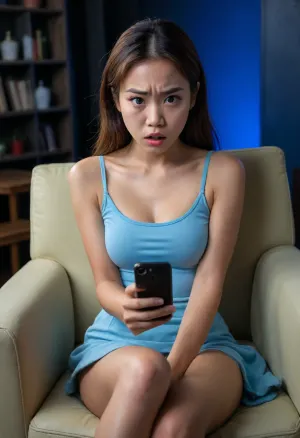 UHD 8K, (shy Thai girl sitting in an armchair and staring at her phone), (it is dark and her face is illuminated by the blue light her smartphone), (she is shocked and disgusted as she discovers that someone posted deepfakes of her on the Internet), (horror-struck), (night time), (her mouth is wide open in shock), (she is frowning), (she is extremely taken aback), (her gaze is locked her phone's screen), (realistic proportions), (perfect hands), surprised, look, girl, (girl frowning in disgust:1.5), (shocked:1.2), (hot chick:1.2), (freckles:1.1), (Thai fitness girl:1.2), (disappointed expression:1.5), (big tits), (she is disgusted:1.5), (she asks "Seriously?"), (she asks "How could you?")