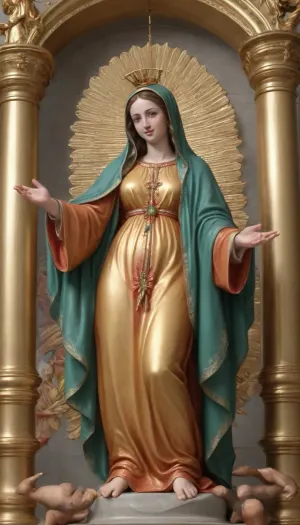 ((The style of the painting is a Christian icon.)), Photographic quality. 8K, (((A pseudo-Christian church, an altar, stained glass windows))), . photographic quality. Details., (. Virgo smiles radiantly., ((((The icon's accent on the Virgin's pussy and happy face, 1.8)))), юview slightly from below, The Virgin sits on the altar of the Temple of the Sun. Solemnly, as the Mother of the World – the Holy Pussy., (((With her legs and arms spread, she solemnly greets those born by her., ((((. Nearby is a huge statue of the Golden Phallus., Penis 1.9)))), Aesthetically attractive image of a female vulva close-up. High resolution, The Virgin's chic red velvet dress reveals all her feminine charms. Sharp high breasts and protruding nipples, the nipples are adorned with jewels, the lace bodice emphasizes the nipples. Proudly and joyfully exposes her feminine charms, lies down a little and spreads her legs, demonstrating a beautiful pussy, ((((The image is as close as possible to the icon of Our Lady of Guadalupe), . A halo above the head of the Virgin Mary. Happy, sexually satisfied, radiantly smiling Virgin Mary, revealing her feminine charms, arms spread to the sides, spreads her legs))), in the background an admiring crowd. all eyes are turned to the pussy of the Virgin Mary.))))