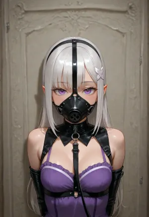 4k, highly detailed, petite girl, petite body, solo, Emilia from Rezero, arms bound behind her back in a black leather arm binder, wearing a leather face harness with a metal dog-style muzzle gag, wearing a collar with a leash attached, standing in a submissive pose, dimly lit room, dramatic shadows, photorealistic, detailed leather and metal texture, high resolution