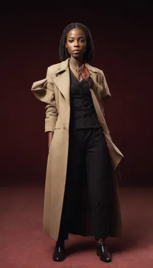 A hyperrealistic, (cinematic 2:3), editorial photograph set inside the golden revolving door of an ultra-luxury hotel at night. A stunning ebony woman in a fitted beige trench coat lifts one leg high with elegant precision, using her heel to block the rotating glass door in place. Her raised leg is graceful, long, perfectly posed, her pointed stiletto firmly pressing against the brass frame of the moving door, freezing it mid-motion. With her free hand, she grips the tie of a handsome man in a tailored dark suit, pulling him closer into the narrow space of the revolving compartment. Their faces are close, charged with cinematic tension. He looks at her with controlled surprise, caught between admiration and anticipation. The curved glass panels create complex layered reflections, multiple silhouettes, distorted highlights, faint duplicates of their bodies. Warm golden chandelier light glows behind them, mixing with the cool evening blue outside. Bokeh sparkles, glossy brass trim, marble reflections, soft shadows and precise facial highlights enhance the premium high-fashion look. The overall atmosphere is seductive but fully safe, luxury, attitude, sophistication, dramatic posture, a bold and impossible gesture that instantly draws attention and engagement. High-definition textures, perfect lighting, and a strong visual WOW effect.