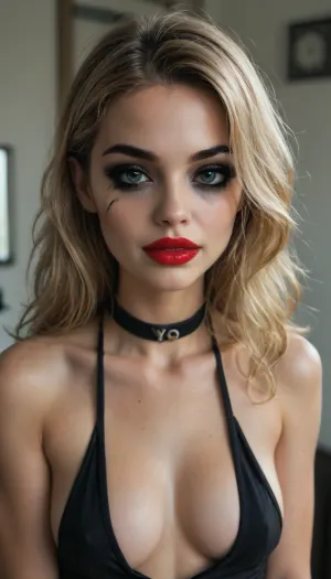 (((young))), (18 yo:1.3), (eyes wide open, big red lips), (horny face:1.3), blonde bangs hairstyle, (portrait view:1.5), slutty clothes, slim hourglass body, (side view), (big perky tits), horny face, attractive body, black choker, (black makeup:2), (blue eyes), (into the office), (big perky boobs:1.5), (sideboobs), (plunging neckline), ((black hanging crop top)), skinny, perfect skin, beautiful face, ultra high details, hdr, natural tits, close up full body view, standing, toned body, vivid colors, Stable-Yogis-Makeup-Enhancer-XL, detailxl, detailed eyes, movie, still, film, cinematic, shot, lighting, macro, 35mm, <lora:DetailedEyes_V3:2>, <lora:AdvancedEnhancerXLv2:2>, <lora:style_lora_realis:2>
