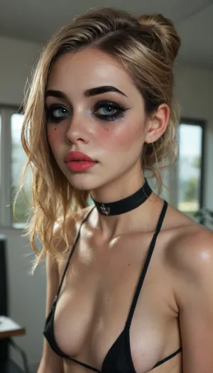 (((young))), (18 yo:1.3), (eyes wide open, big lips), (shy face:1.5), (blushing:1.5), blonde bangs hairstyle, (spit on her face), (portrait view:1.5), slutty clothes, slim hourglass body, (side view), (big perky tits), attractive body, black choker, (black makeup:2), (erected nipples:.8), (blue eyes), (into the office), (big perky boobs:1.5), (plunging neckline), ((black hanging crop micro bra:1.5)), skinny, perfect skin, beautiful face, ultra high details, hdr, natural tits, toned body, vivid colors, Stable-Yogis-Makeup-Enhancer-XL, detailxl, (50mm), <lora:DetailedEyes_V3:2>, <lora:AdvancedEnhancerXLv2:2>, <lora:style_lora_realis:2>