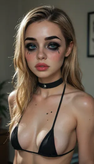(((young))), (18 yo:1.3), (eyes wide open, big lips), (shy face:1.5), (blushing:1.5), blonde bangs hairstyle, (spit on her face), (portrait view:1.5), slutty clothes, slim hourglass body, (side view), (big perky tits), attractive body, black choker, (black makeup:2), (blue eyes), (into the office), (big perky boobs:1.5), (plunging neckline), ((black hanging crop micro bra)), skinny, perfect skin, beautiful face, ultra high details, hdr, natural tits, close up full body view, standing, toned body, vivid colors, Stable-Yogis-Makeup-Enhancer-XL, detailxl, detailed eyes, movie, still, film, cinematic, shot, lighting, macro, 35mm, <lora:DetailedEyes_V3:2>, <lora:AdvancedEnhancerXLv2:2>, <lora:style_lora_realis:2>