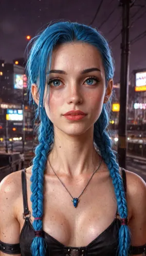 UHD, 8k wallpaper, (maximum quality:1.5), (ultra high resolution:1.7), (masterpiece:1.2), (full body view), award winning photo, (Extreme:1.25), (insanely detailed:1.9), (realism:1), (realistic:1.7), (hdr:1.4), hyper-detailed realistic body, hyper-detailed realistic face, (warm ambient light:.5), (dark shadows:1.4), Photorealistic masterpiece captured with high-end DSLR camera like Canon EOS 5D, ((hyperrealistic portrait of jinx in front of gray hound bus station in city panorama, beautiful hyperdetailed, excellent composition, best shadow, best illumination)), finely detail, cinematic angle, powerful radiant confident vibe, detailed background, dynamic angle, volumetric lighting, high detailed, high resolution, photorealistic, score_9, best quality, ultra photo quality, HDR, 4K, (((Jinx))), (detail Jinx:1.32), (detail jinx face:1.16), (hair in pigtails), (small perky breasts:1.3), cheating, full skinny figure, skinny thighs, wearing tight jinx costume, cleavage, heavy makeup, sweaty skin, slim feminine body with small natural B-cup bust firm and perky, very narrow toned waist, narrow curvy hips, small firm rounded buttocks, long poised legs with slender thighs graceful calves and delicate arched feet, elegant slender arms with toned forearms and graceful hands with long fingers and manicured nails, height 171 cm, graceful and intellectual character, standing with one hand on hip, confident light expression, soft ambient lighting with gentle shadows hinting contours artistically, ultra-detailed skin texture and fabric details, pure realism, exhausted ecstatic expression, (masterpiece:1), hard nipples, hourglass waistline, perfect anatomic body, 35mm photograph, film, professional, 4k, hdr, photographic, ultra realistic, ultra high details, back light, jinx, (league, of, legends), <lora:Dark_Elf_Warrior:2>, <lora:zavy-brbrn-sdxl:2>, <lora:LCMTurboMix_Euler_A_fix:2>, <lora:JuggerCineXL2:2>, <lora:MIAOKA_JINX_1.0_SDXL:2>