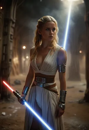 Star Wars Style, heroic full body portrait of a 28 years old female dignified solo Jedi Warrior, standing in huge spaceport on desert planet, ready to attack, highly detailed Jedi costume, slender, slim waist, long blonde matted dreadlocks, flat breasted, sweating skin, dirt, perfect tanned skin, lucky charm necklace, (perfect lightsaber:1.5), perfect hands, belt, highly detailed face, desert, floating warm sunlight, Background, (millennium falcon), R2-D2, shipyard, many droids Background, many droids, intricate detail, highly detailed, breathtaking, panoramic, cinematic, (3D, Framed, Woman), Macabre, DonMSp3ctr4lXL, FRESHIDEAS, Real, Photography, 2#, cloudy, smoke, atmospheric, clouds, fog, downblouse, nipslip, <lora:MJ52:2>, <lora:DonMSp3ctr4lXL-000008:.3>, <lora:FRESHIDEAS Real Photography 2#:.8>, <lora:Cloudy_Style:.8>, <lora:RealDownblouseXL2:1.4>