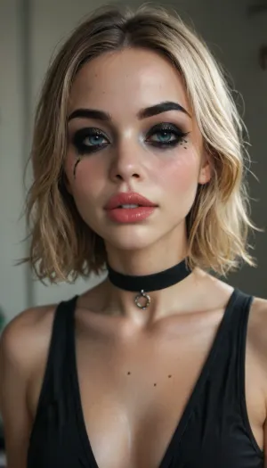 (((young))), (18 yo:1.3), (eyes wide open, big lips), (horny face:1.5), (blushing:1.5), blonde bangs hairstyle, (spit on her face), (portrait view:1.5), slutty clothes, slim hourglass body, (side view), (big perky tits), attractive body, black choker, (black makeup:2), (blue eyes), (into the office), (big perky boobs:1.5), (plunging neckline), ((black hanging crop top)), skinny, perfect skin, beautiful face, ultra high details, hdr, natural tits, close up full body view, standing, toned body, vivid colors, Stable-Yogis-Makeup-Enhancer-XL, detailxl, detailed eyes, movie, still, film, cinematic, shot, lighting, macro, 35mm, <lora:DetailedEyes_V3:2>, <lora:AdvancedEnhancerXLv2:2>, <lora:style_lora_realis:2>