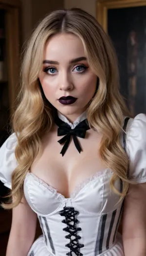 sabrina carpenter, alice in wonderland cosplay, cosplay, cleavage, revealing, big breasts, alt, emo, goth, black lipstick, sbrn, crpntr, woman, <lora:sbrn crpntr woman v1a:.5>