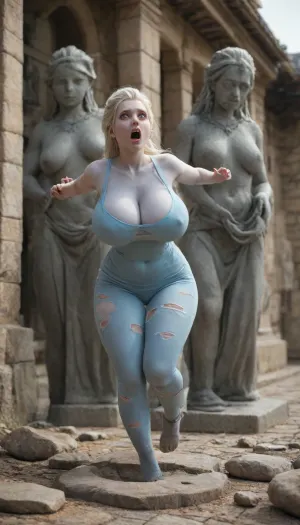 (Statue:2), (Elsa), (torn clothes), (body made of stone:2), (hair made of stone:2), (huge breasts), (full body), (scared face), (screaming), (running)