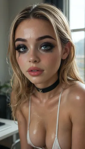 (((young))), (18 yo:1.3), (eyes wide open, big lips), (horny face:1.3), (big long eyelashes:1.5), (blushing:1.4), blonde bangs hairstyle, (portrait view:1.5), slutty clothes, slim hourglass body, (side view), (big perky tits), horny face, attractive body, black choker, (black makeup:1.8), (blue eyes), (into the office), (big perky boobs:1.5), (view from above:1.3), (oiled skin:2), (wet skin:1.3), (erected nipples:.7), (plunging neckline), ((white latex bra)), (hanging micro bra:1.5), skinny, perfect skin, beautiful face, ultra high details, hdr, natural tits, close up full body view, standing, toned body, vivid colors, Stable-Yogis-Makeup-Enhancer-XL, detailxl, detailed eyes, movie, still, film, cinematic, shot, lighting, macro, 35mm, <lora:DetailedEyes_V3:2>, <lora:AdvancedEnhancerXLv2:2>, <lora:style_lora_realis:2>