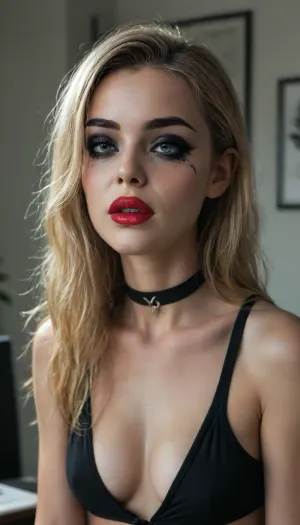 (((young))), (18 yo:1.3), (eyes wide open, big red lips), (orgasm face:1.5), blonde bangs hairstyle, (portrait view:1.5), slutty clothes, slim hourglass body, (side view), (big perky tits), attractive body, black choker, (black makeup:2), (blue eyes), (into the office), (big perky boobs:1.5), (plunging neckline), ((black hanging crop top)), skinny, perfect skin, beautiful face, ultra high details, hdr, natural tits, close up full body view, standing, toned body, vivid colors, Stable-Yogis-Makeup-Enhancer-XL, detailxl, detailed eyes, movie, still, film, cinematic, shot, lighting, macro, 35mm, <lora:DetailedEyes_V3:2>, <lora:AdvancedEnhancerXLv2:2>, <lora:style_lora_realis:2>