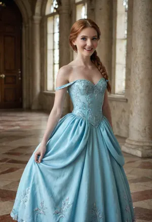 score_9, score_8_up, score_7_up, (Anna of Arendelle with her auburn hair), (35 years old:1.5), (Disney), (Frozen movie), excited smiling face, very pale skin, small breasts, wearing Anna's inauguration dress, (auburn, hair:1.2), braided hair, castle, ballroom, Nordic style