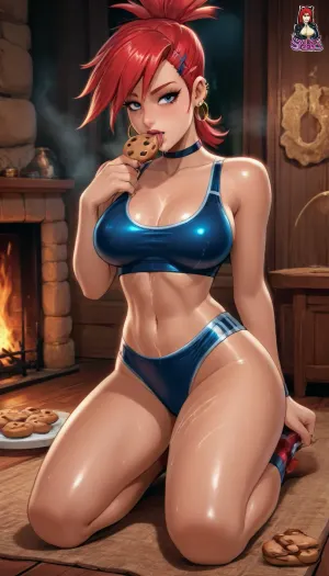 (reiq art style:1.5), (masterpiece art style:1.5), ((21-year-old Frankie from fosters home for imaginary friends:1.6)), (21-year-old), (tan line skinned:1.1), (tomboy skin:1.6), 1girl, solo, alone, muscular arms, sexy figure, and wide hips. muscular legs, thick thighs, round ass, muscular body, perfect round breasts, lustful face, (Christmas), (fireplace), (sexy sporty gym pose:1.6), (sweaty heavily body:1.4), (heat body), (wet clear sports bra:1.4), (wet clear Pantie:1.4), (licking cookies in mouth:1.4), (cum on body:1.4), (cum on tits:1.4), hard nipples, Camil toe, hardcore, perfect fingers, A masterpiece of the highest quality, the work of a real master, bouncing breasts, bouncing ass, seductive, seductive eyes, black choker, steam, sweat, full body view, <lora:hentai_anime_style_xl_v1:2>, <lora:SDXLHighDetail_v6-000005:2>