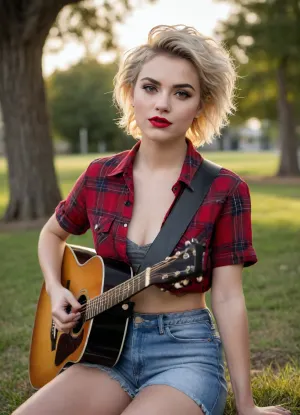 Shelby, a sexy 20-year-old woman with short blonde pixie-cut hair slightly messy and tousled in a classic 80s hard rock style, fair skin with light freckles, sharp attractive facial features, high cheekbones, full lips with bold bright red lipstick, extravagant bold makeup, thick black winged eyeliner, long dramatic false eyelashes, heavy smoky eyeshadow in dark shades, perfectly arched eyebrows, confident and teasing expression with a knowing smirk, rebellious classic hard rock fan vibe, photorealistic face details, consistent character, passionately playing an acoustic guitar and singing with eyes half-closed and mouth open, wearing very short tight denim cutoff shorts and a red plaid shirt tied in a knot under her chest revealing her midriff and cleavage, sitting outdoors on a grassy field or near a tree at golden hour sunset, warm golden lighting casting beautiful highlights on her hair and skin, slight breeze, intimate and sensual rock'n'roll atmosphere, high resolution, photorealistic, sharp details
