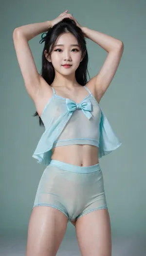 Professional full-body photograph of a cute, petite, youthful Korean K-pop star with long black hair, captured in a dynamic dance pose. She is wearing a modern, stylish stage outfit consisting of mint-green high-waisted tailored fabric shorts and a soft baby-blue cropped bolero-style top over a white silken camisole. The outfit features cute details like small blue bows and sheer organza layers, creating a fresh and sweet aesthetic. Specifically featuring a black strap around her left thigh. She has a sweet, slightly shy and hesitant smile. The setting is a bright, modern stage with soft sea-foam green and sky-blue lighting. High-fashion K-pop idol aesthetic, sharp focus, cinematic atmosphere, braless, Wearing, clothes, that, make, sense, with, Braless>, <lora:bralessSDXL_v1_00022:.8>, cameltoe, <lora:cameltoe XL:.8>