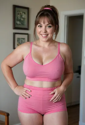score_9, score_8_up, score_7_up, SSBBW, obese, chubby, belly, plump_waist, mature_female, 55 years old, cougar, mature_body, mature_face, cleavage, shorts, solo, sagging, ponytail, long_hair, sweat, indoors, tank_top, bare_shoulders, thick_thighs, short_shorts, high_ponytail, lips, looking_at_viewer, pink_shorts, smile, bangs, detailed skin, mature skin texture