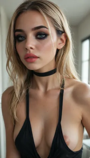 (((young))), (eyes wide open, big lips), blonde bangs hairstyle, slutty clothes, slim hourglass body, (side view), (big perky tits), horny face, attractive body, black choker, (black makeup:2), (blue eyes), (into the office), (face close up:1.4), (plunging neckline), (black crop top), skinny, perfect skin, beautiful face, ultra high details, hdr, natural tits, close up full body view, standing, toned body, vivid colors, Stable-Yogis-Makeup-Enhancer-XL, detailxl, detailed eyes, movie, still, film, cinematic, shot, lighting, macro, 35mm, <lora:DetailedEyes_V3:2>, <lora:AdvancedEnhancerXLv2:2>, <lora:style_lora_realis:2>
