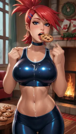 (reiq art style:1.5), (masterpiece art style:1.5), ((21-year-old Frankie from fosters home for imaginary friends:1.6)), (21-year-old), (tan line skinned:1.1), (tomboy skin:1.6), 1girl, solo, alone, muscular arms, sexy figure, and wide hips. muscular legs, thick thighs, round ass, muscular body, perfect round breasts, lustful face, (Christmas), (fireplace), (sexy sporty gym pose:1.6), (sweaty heavily body:1.4), (heat body), (tight sports bra:1.4), (tight small sports boxer Pantie:1.4), (licking cookies in mouth:1.4), (cum on body:1.4), (cum on tits:1.2), hardcore, perfect fingers, A masterpiece of the highest quality, the work of a real master, bouncing breasts, bouncing ass, seductive, seductive eyes, black choker, steam, sweat, full body view, <lora:hentai_anime_style_xl_v1:2>, <lora:SDXLHighDetail_v6-000005:2>