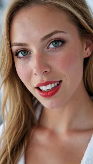 Shy woman next door that is secretly thick as hell with perfect huge tits. her finger on her mouth signals to be silent, blonde hair with white highlights. freckles, with a open white bathrobe, exposing her naked body, naked tits, very big greek nose, very close portrait of face, knowing smile, bright dark green eyes, cateyes makeup, very red painted lips, she has bulging wide lips, her nose is extremly long, massive eye makeup, protruding chin, strong cheeckbones, agressive wide smile, freckles, she is sunburned, her skin is deeply tanned from skiing