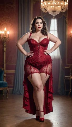 tall chubby thick woman. full front view, wearing a dress, burlesque, dress, <lora:xl_burlesque_dress-1.0:1.7>