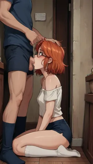 Score_9, score_8_up, score_7_up, reiq meets markgavatino art style, redhead girl, glasses, t-shirt off at shoulder, shorts, thigh high socks, thick puffy nipples, skinny body with small breasts, kneeling near wall, knees up, spread legs, man fucking her in mouth, rough oral sex, sucking huge dick, swallowed dick, deepthroat blowjob, fast sloppy blowjob, saliva strands on cock, drooling from mouth onto breasts, shy, embarrassed, (her sister sitting in corner, shocked), living room, cute, doodle, ratatatat74, <lora:cutedoodle_XL-000012:.8>, <lora:ratatatat74-000050:.8>, <lora:NEOTOKIOXL_0.2_RC:.8>, <lora:outline_xl_kohaku_delta_spv5x:.8>