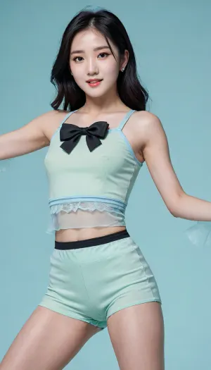 Professional full-body photograph of a cute, petite, youthful Korean K-pop star with long black hair, captured in a dynamic dance pose. She is wearing a modern, stylish stage outfit consisting of mint-green high-waisted tailored fabric shorts and a soft baby-blue cropped bolero-style top over a white silken camisole. The outfit features cute details like small blue bows and sheer organza layers, creating a fresh and sweet aesthetic. Specifically featuring a black strap around her left thigh. She has a sweet, slightly shy and hesitant smile. The setting is a bright, modern stage with soft sea-foam green and sky-blue lighting. High-fashion K-pop idol aesthetic, sharp focus, cinematic atmosphere, braless, Wearing, clothes, that, make, sense, with, Braless>, <lora:bralessSDXL_v1_00022:.8>