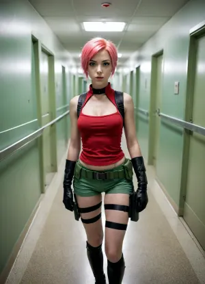 A cinematic, ultra-realistic anime-style female warrior with short pastel-pink hair and intense green eyes, standing in a narrow hospital corridor. Shot from a dramatic top-down fisheye lens perspective, creating curved walls and a surreal distortion. She wears a sleeveless red combat outfit with gloves and a utility belt, holding a blade with calm yet deadly confidence. Cold fluorescent hospital lighting casts eerie green tones, reflective tiled floor, medical carts and doors lining both sides of the hallway. Moody atmosphere, psychological thriller vibe, shallow depth of field, sharp facial details, realistic skin texture, soft film grain, cinematic color grading, high contrast shadows, 8K resolution, hyper-detailed, Unreal Engine quality, dark anime realism.