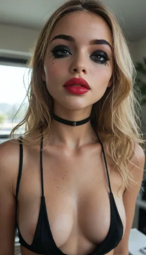 (((young))), (eyes wide open, big lips), blonde bangs hairstyle, slutty clothes, slim hourglass body, (big perky tits), horny face, attractive body, black choker, (black makeup:2), (blue eyes), (into the office), (face close up:1.4), (plunging neckline), (black crop top), skinny, perfect skin, beautiful face, ultra high details, hdr, natural tits, close up full body view, standing, toned body, vivid colors, Stable-Yogis-Makeup-Enhancer-XL, detailxl, detailed eyes, movie, still, film, cinematic, shot, lighting, macro, 35mm, <lora:DetailedEyes_V3:2>, <lora:AdvancedEnhancerXLv2:2>, <lora:style_lora_realis:2>