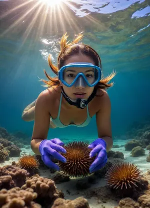 A Filipina woman, wearing a mask and gloves, collects sea urchins while snorkeling on a shallow reef. Ultra-realistic and detailed 8K high-gamut colors image with volumetric light, (rays filtering through the water:1.5)