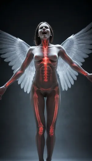 xray woman, fallen, angel, male, focus, feathered, wings, no, humans, black, skin, red, bioluminescence, outstretched, arms, screaming, open, mouth, sharp, teeth, realistic, eyes, claws, flying, glowing, laughing, horror, (theme), spread, full, body, from, behind, looking, at, viewer, portrait, close-up, leaning, forward, <lora:DD-xray-v1:2>, <lora:fallen angel male epoch 9 main:2>